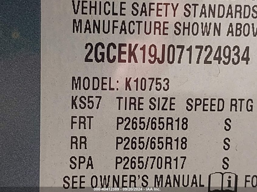 2007 Chevrolet Silverado 1500 Lt1 VIN: 2GCEK19J071724934 Lot: 40412389