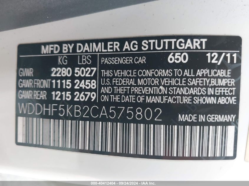 WDDHF5KB2CA575802 2012 Mercedes-Benz E 350 350