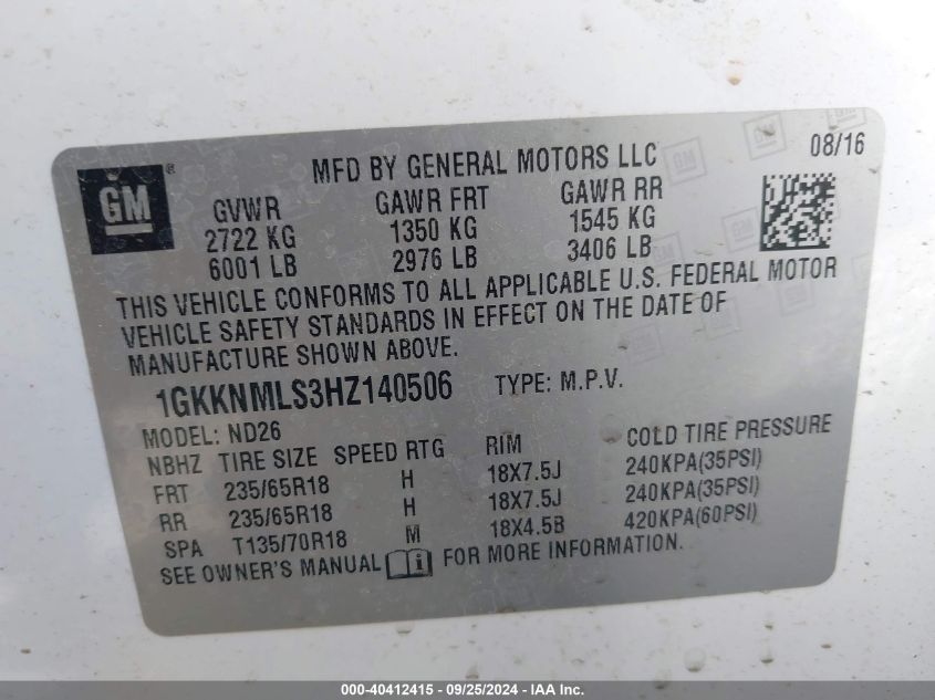 1GKKNMLS3HZ140506 2017 GMC Acadia Slt-1