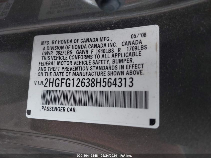 2HGFG12638H564313 2008 Honda Civic Lx