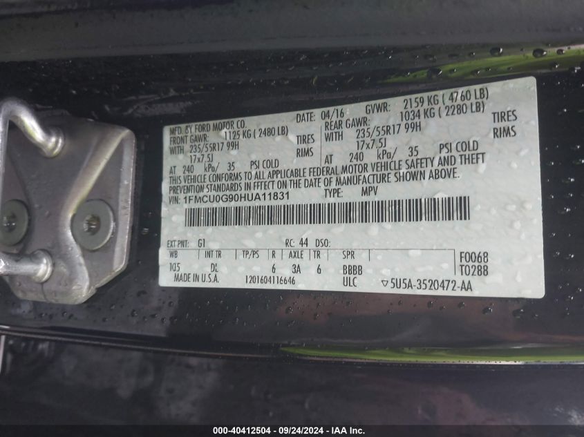 1FMCU0G90HUA11831 2017 Ford Escape Se