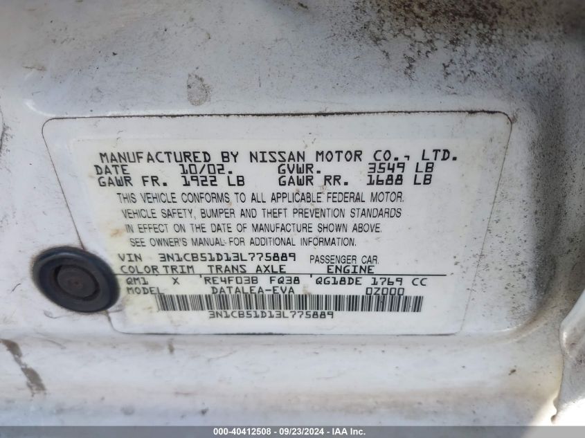 2003 Nissan Sentra Xe VIN: 3N1CB51D13L775889 Lot: 40412508