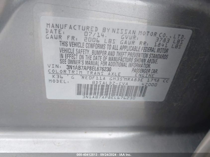 3N1AB7AP8EL676230 2014 Nissan Sentra S/Sv/Sr/Sl