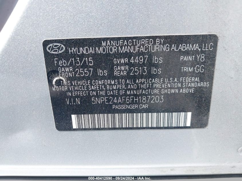 5NPE24AF6FH187203 2015 Hyundai Sonata Se