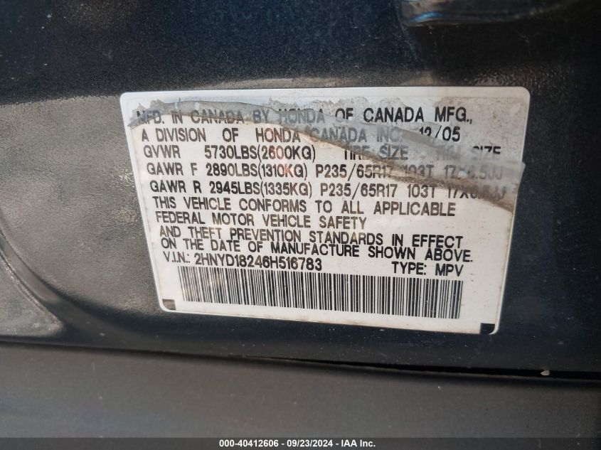 2006 Acura Mdx VIN: 2HNYD18246H516783 Lot: 40412606