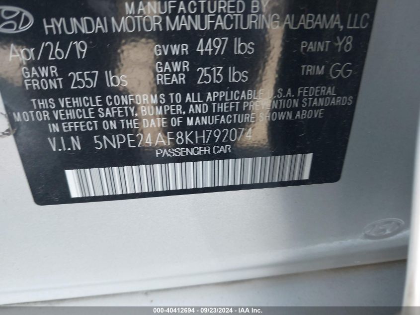 5NPE24AF8KH792074 2019 Hyundai Sonata Se