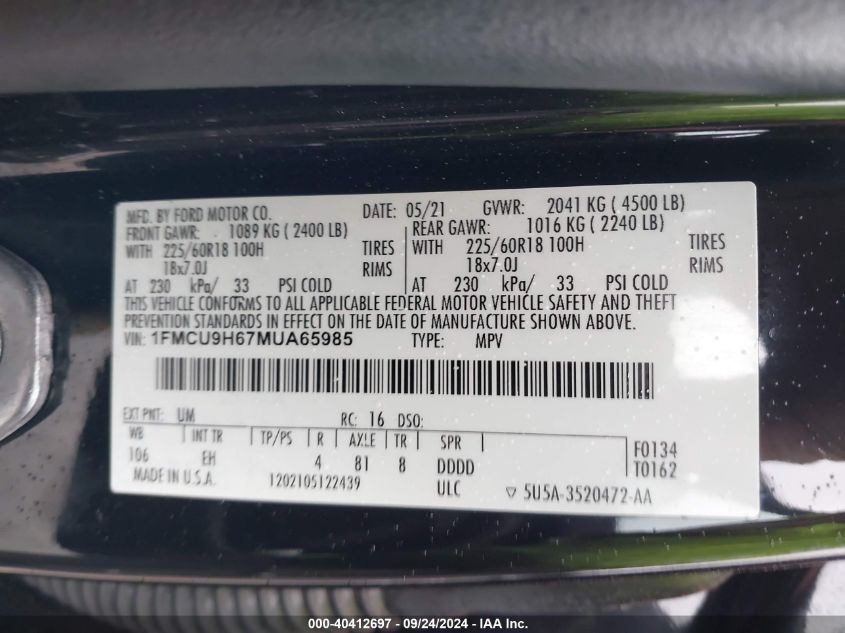 1FMCU9H67MUA65985 2021 Ford Escape Sel