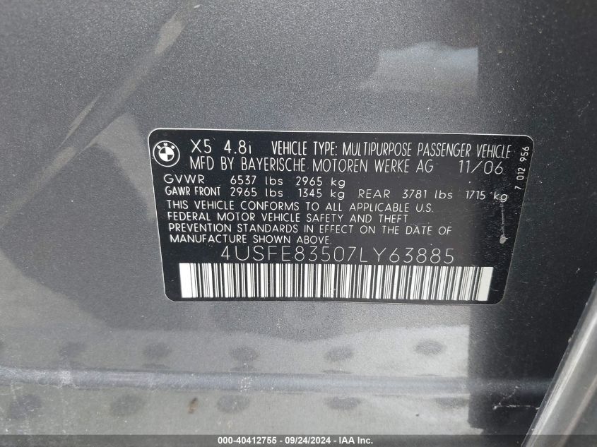 4USFE83507LY63885 2007 BMW X5 4.8I