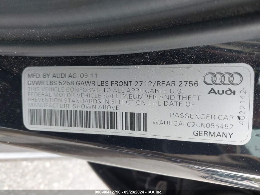 2012 Audi A6 3.0 Premium VIN: WAUHGAFC2CN056452 Lot: 40412790