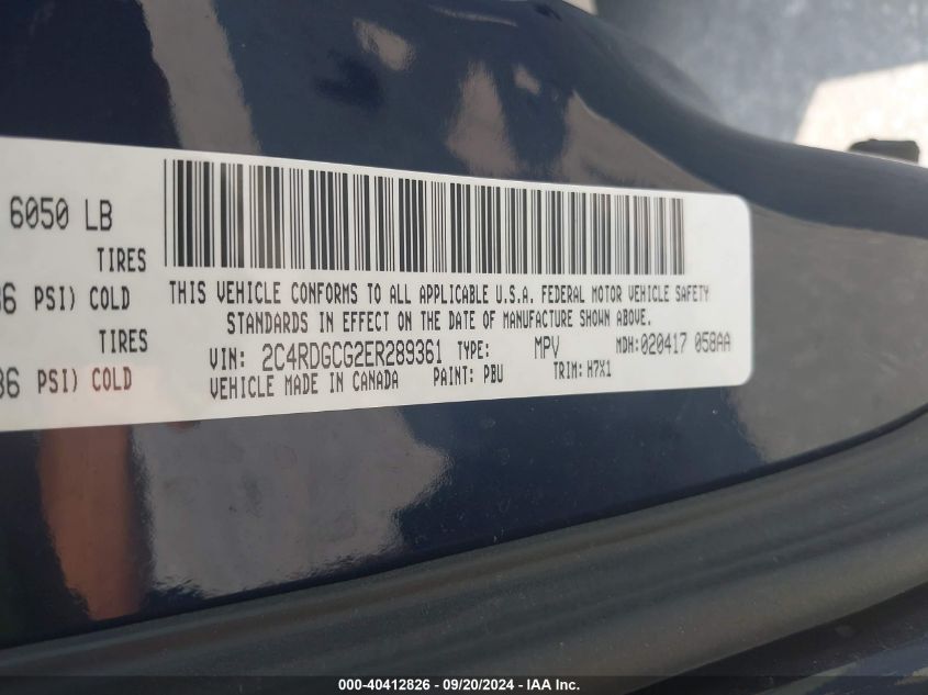 2014 Dodge Grand Caravan Sxt VIN: 2C4RDGCG2ER289361 Lot: 40412826