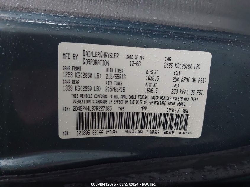 2007 Dodge Grand Caravan Sxt VIN: 2D4GP44L87R227185 Lot: 40412876