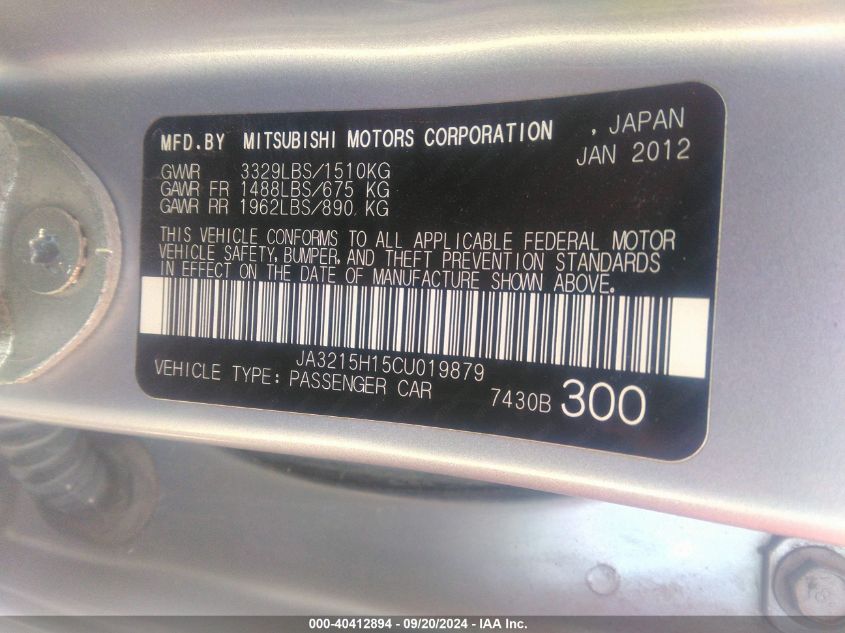 2012 Mitsubishi I-Miev Es/Se VIN: JA3215H15CU019879 Lot: 40412894