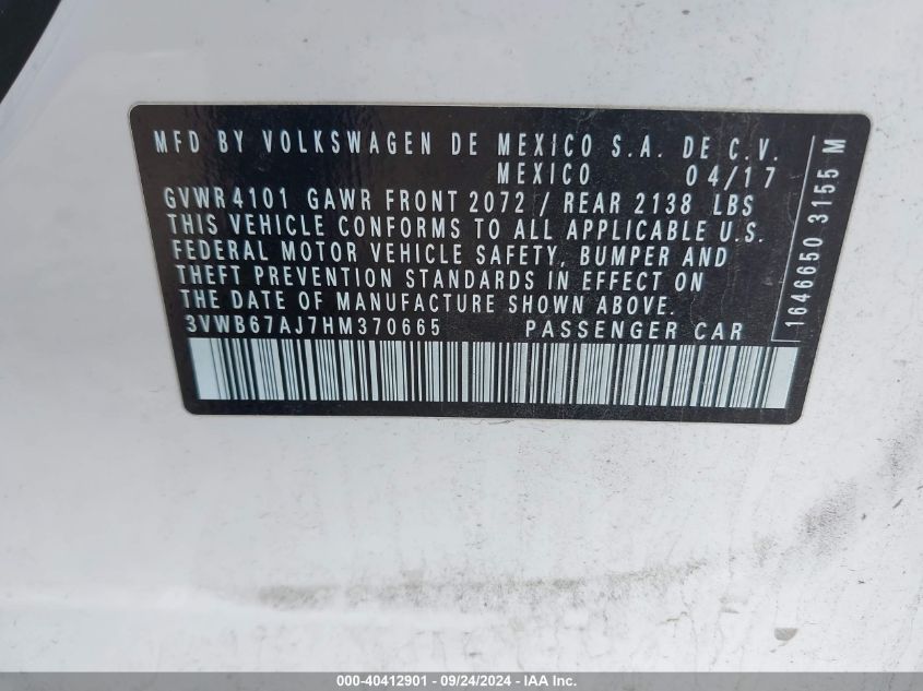 3VWB67AJ7HM370665 2017 Volkswagen Jetta Se