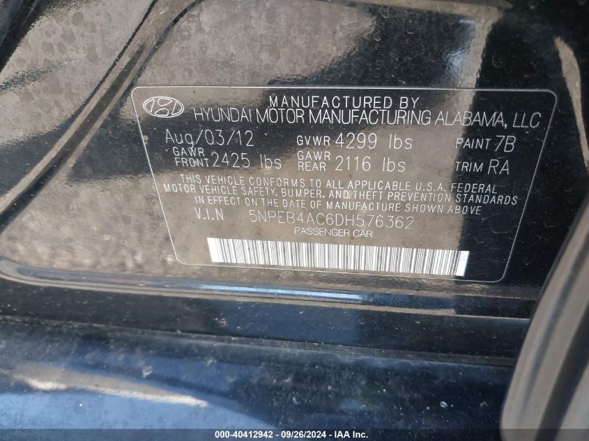 2013 HYUNDAI SONATA GLS - 5NPEB4AC6DH576362