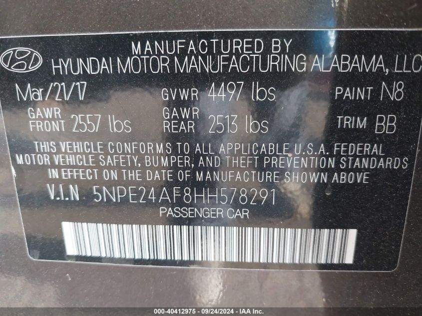 5NPE24AF8HH578291 2017 Hyundai Sonata