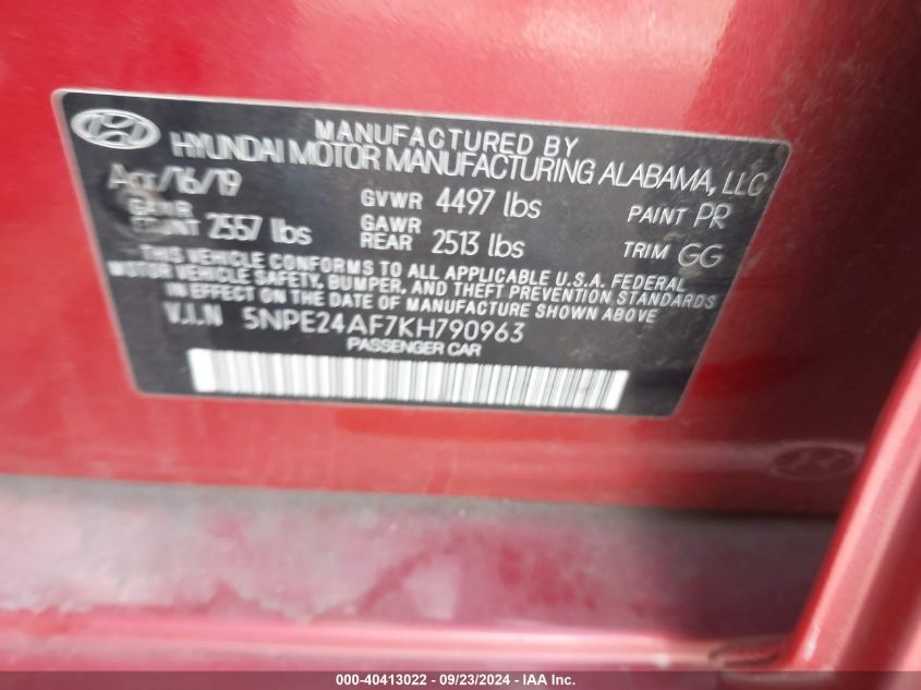 5NPE24AF7KH790963 2019 Hyundai Sonata Se