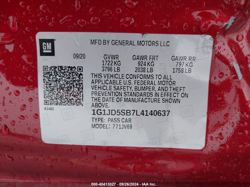 1G1JD5SB7L4140637 2020 Chevrolet Sonic Lt