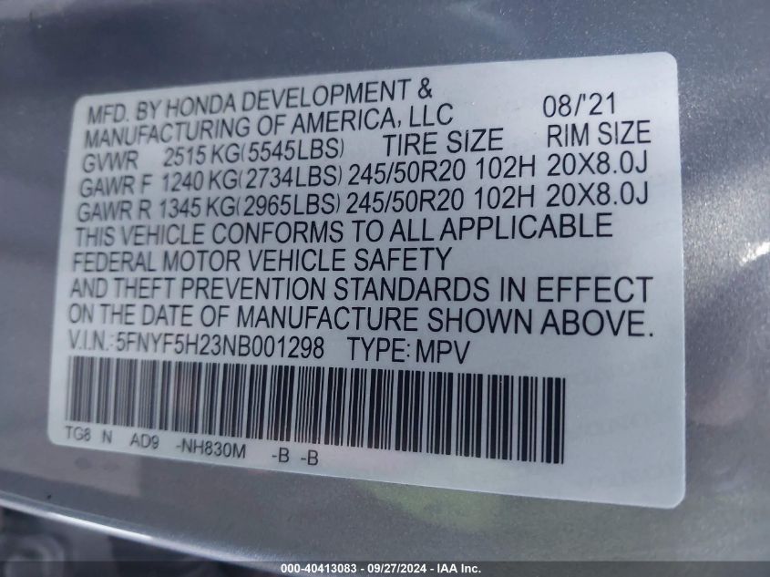 2022 Honda Pilot 2Wd Special Edition VIN: 5FNYF5H23NB001298 Lot: 40413083