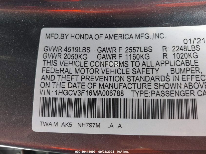 1HGCV3F16MA006788 2021 Honda Accord Hybrid