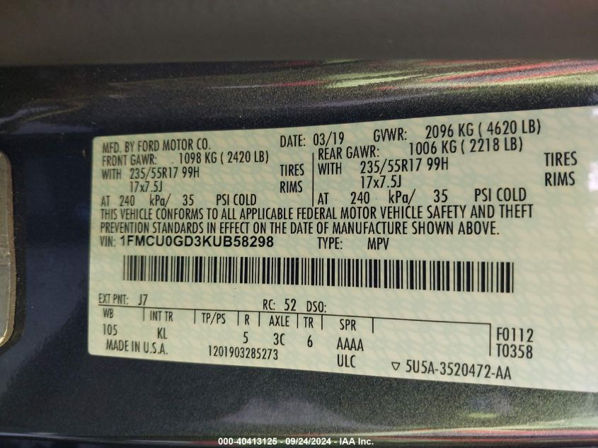 1FMCU0GD3KUB58298 2019 Ford Escape Se