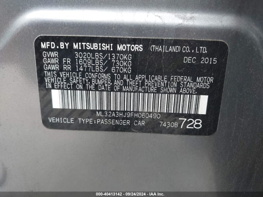 ML32A3HJ9FH060490 2015 Mitsubishi Mirage De