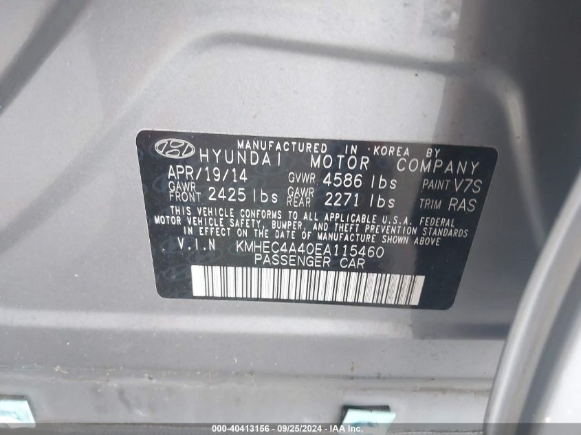 KMHEC4A40EA115460 2014 Hyundai Sonata Hybrid