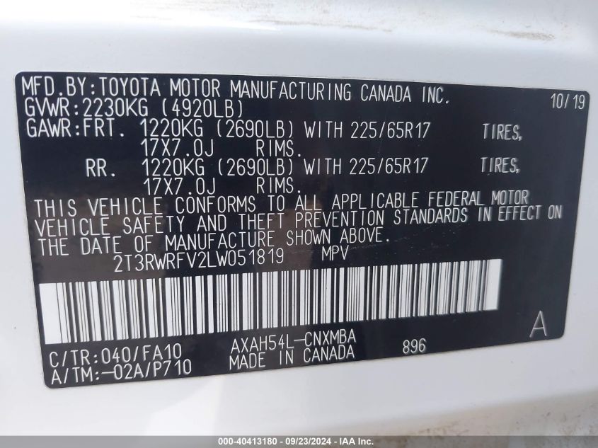 2020 Toyota Rav4 Hybrid Xle/Xse VIN: 2T3RWRFV2LW051819 Lot: 40413180