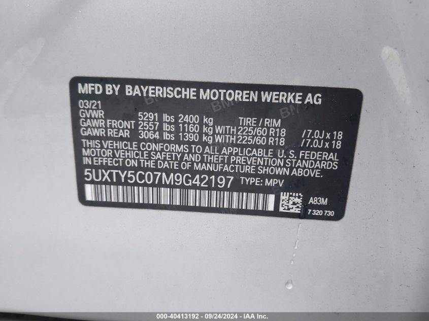 2021 BMW X3 xDrive30I VIN: 5UXTY5C07M9G42197 Lot: 40413192