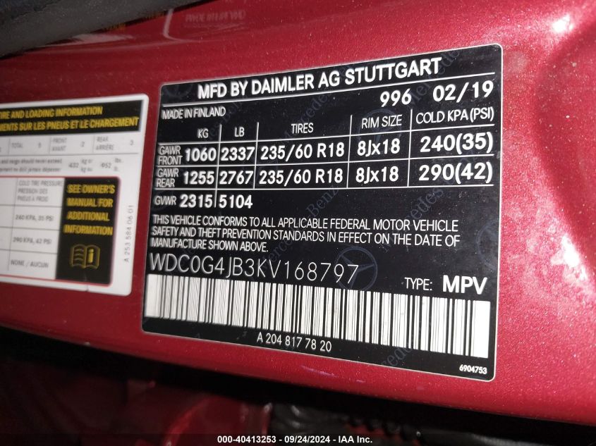 WDC0G4JB3KV168797 2019 Mercedes-Benz Glc 300