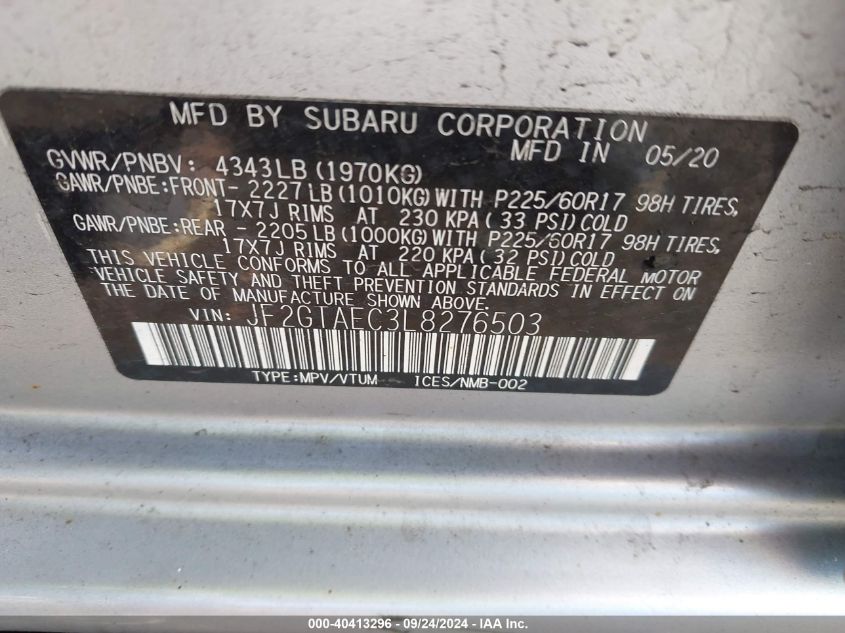 JF2GTAEC3L8276503 2020 Subaru Crosstrek Premium