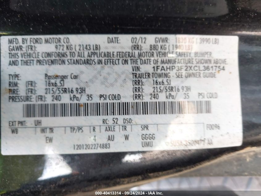 1FAHP3F2XCL361754 2012 Ford Focus Se