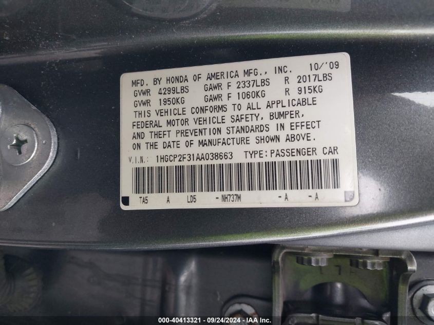 1HGCP2F31AA038663 2010 Honda Accord Lx