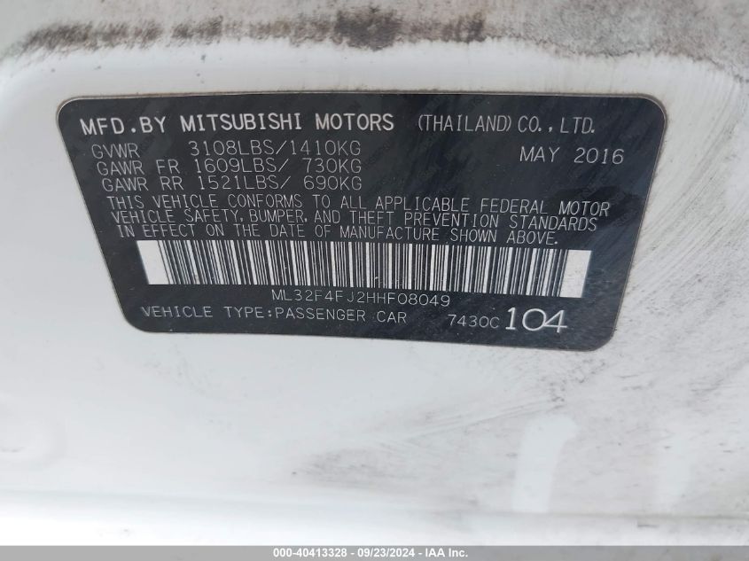 2017 Mitsubishi Mirage G4 Se VIN: ML32F4FJ2HHF08049 Lot: 40413328