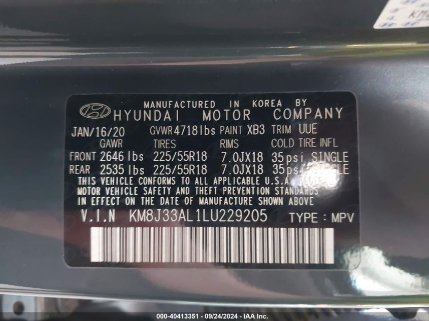 KM8J33AL1LU229205 2020 Hyundai Tucson Limited/Sel/Sport/Ultimat