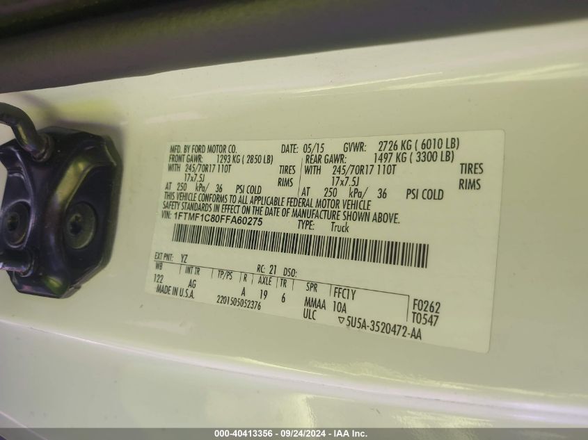 2015 Ford F-150 Xl VIN: 1FTMF1C80FFA60275 Lot: 40413356