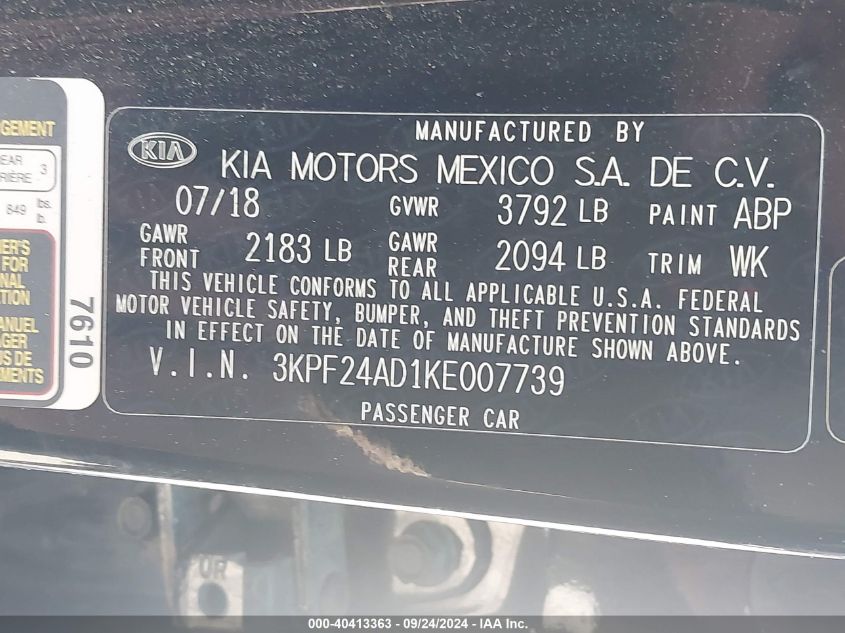 2019 Kia Forte Lxs VIN: 3KPF24AD1KE007739 Lot: 40413363