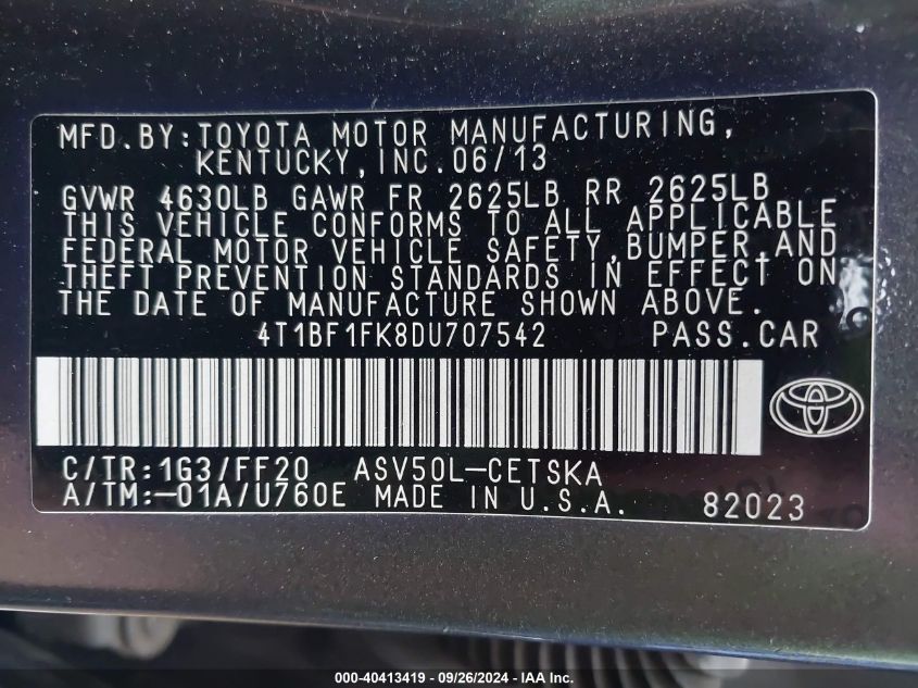 2013 Toyota Camry Se VIN: 4T1BF1FK8DU707542 Lot: 40413419