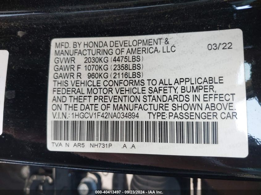 1HGCV1F42NA034894 2022 Honda Accord Sport Se