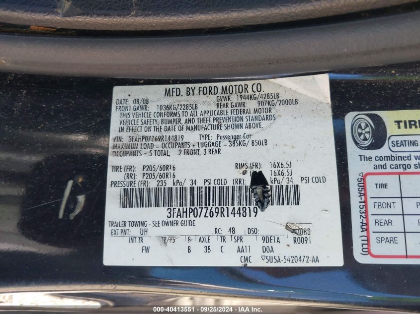 2009 Ford Fusion Se VIN: 3FAHP07Z69R144819 Lot: 40413551