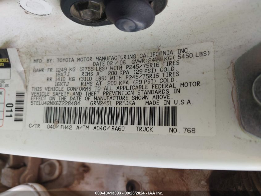 5TELU42NX6Z228484 2006 Toyota Tacoma Base V6