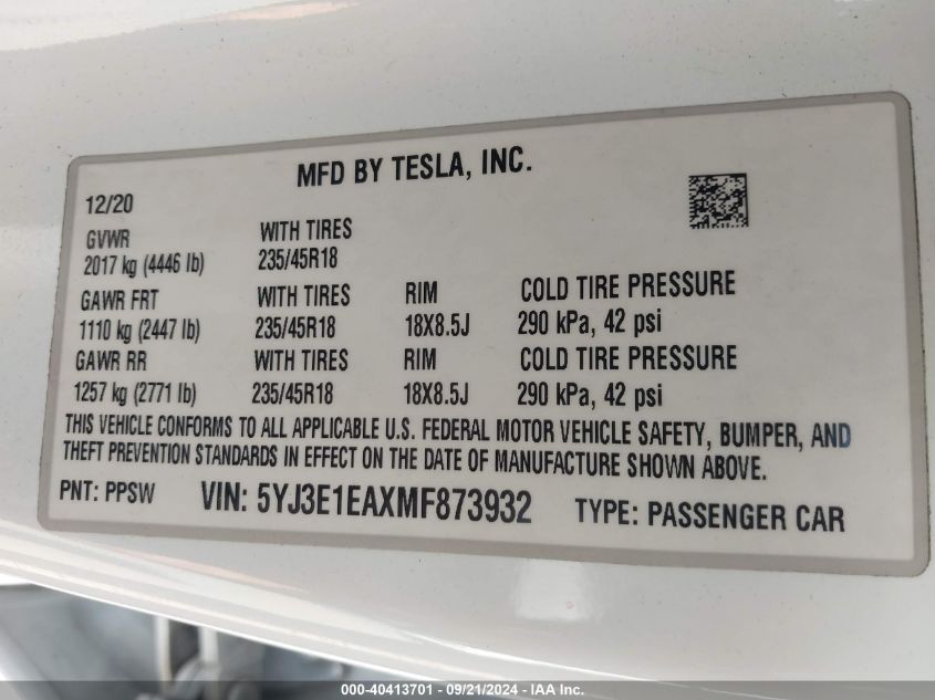 2021 Tesla Model 3 Standard Range Plus Rear-Wheel Drive VIN: 5YJ3E1EAXMF873932 Lot: 40413701