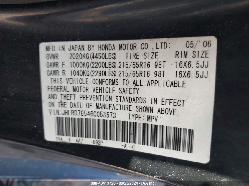 2006 Honda Cr-V Lx VIN: JHLRD78546C053573 Lot: 40413725