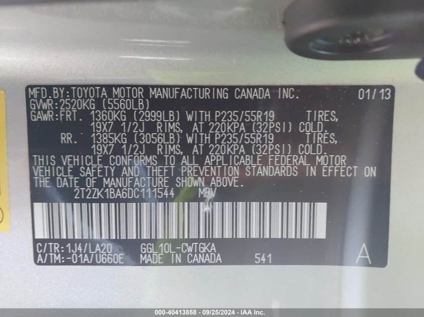 2T2ZK1BA6DC111544 2013 Lexus Rx 350