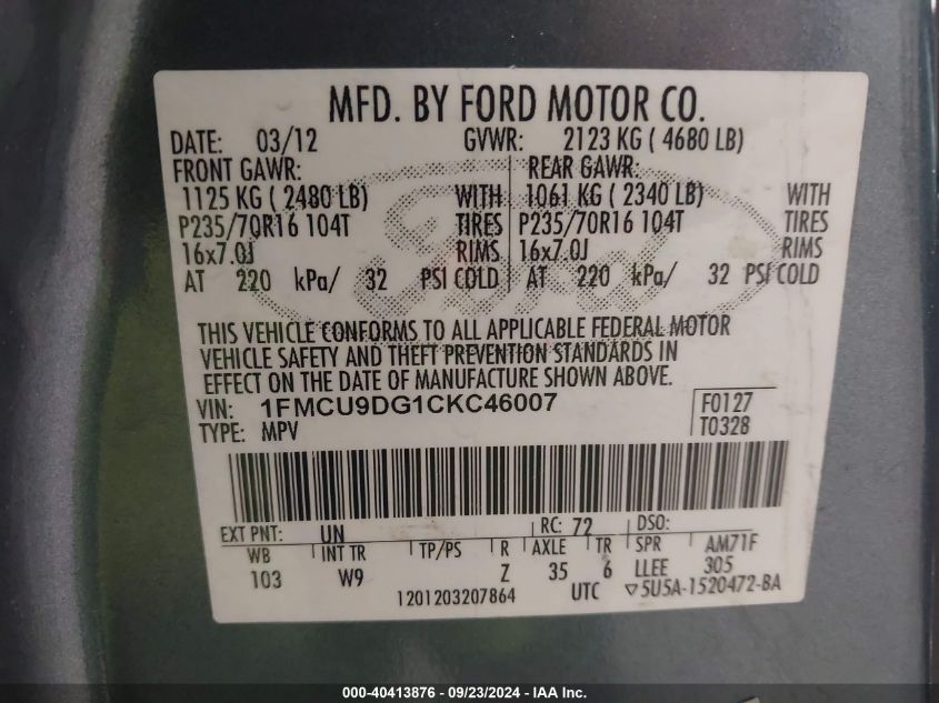 1FMCU9DG1CKC46007 2012 Ford Escape Xlt