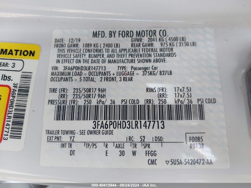 3FA6P0HD3LR147713 2020 Ford Fusion Se