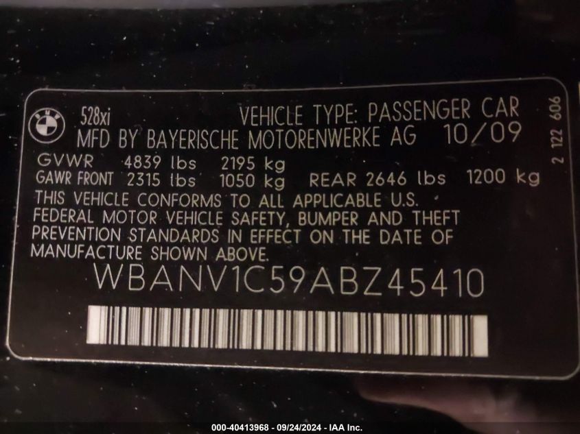 WBANV1C59ABZ45410 2010 BMW 528I xDrive