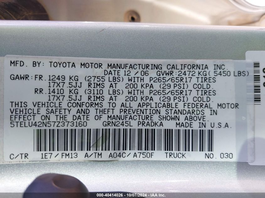 2007 Toyota Tacoma Base V6 VIN: 5TELU42N57Z373160 Lot: 43393937