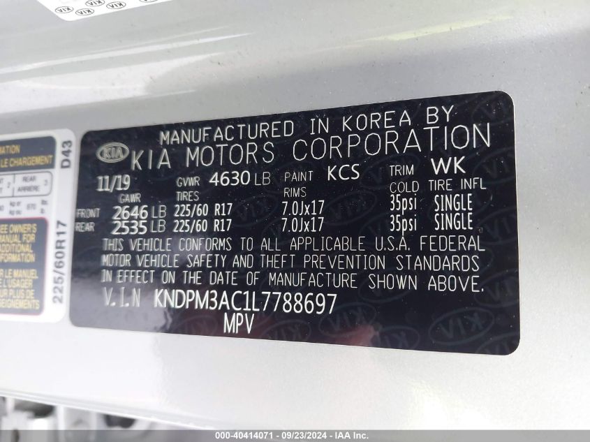 KNDPM3AC1L7788697 2020 Kia Sportage Lx