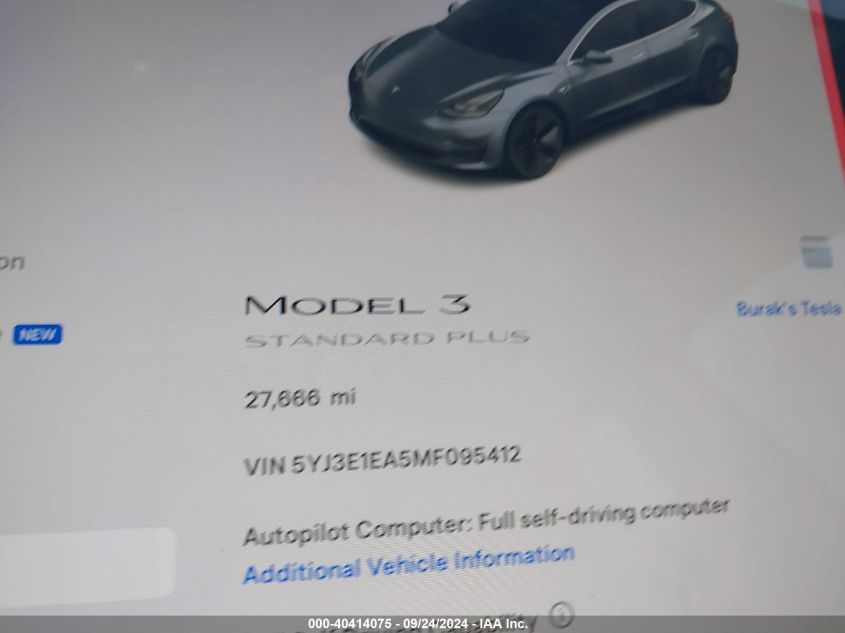 2021 Tesla Model 3 Standard Range Plus Rear-Wheel Drive VIN: 5YJ3E1EA5MF095412 Lot: 40414075