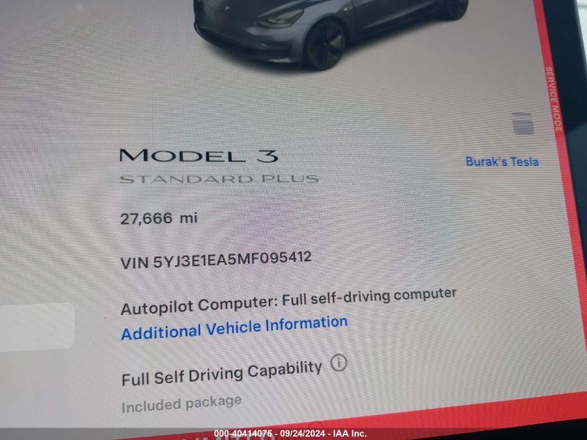 2021 Tesla Model 3 Standard Range Plus Rear-Wheel Drive VIN: 5YJ3E1EA5MF095412 Lot: 40414075